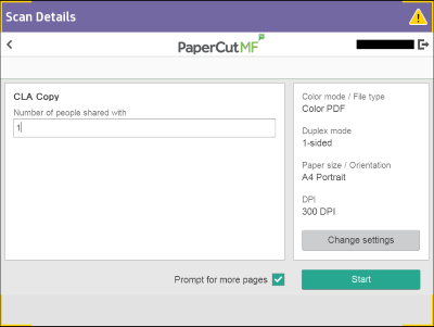 Printer interface showing No of people shared with, 1